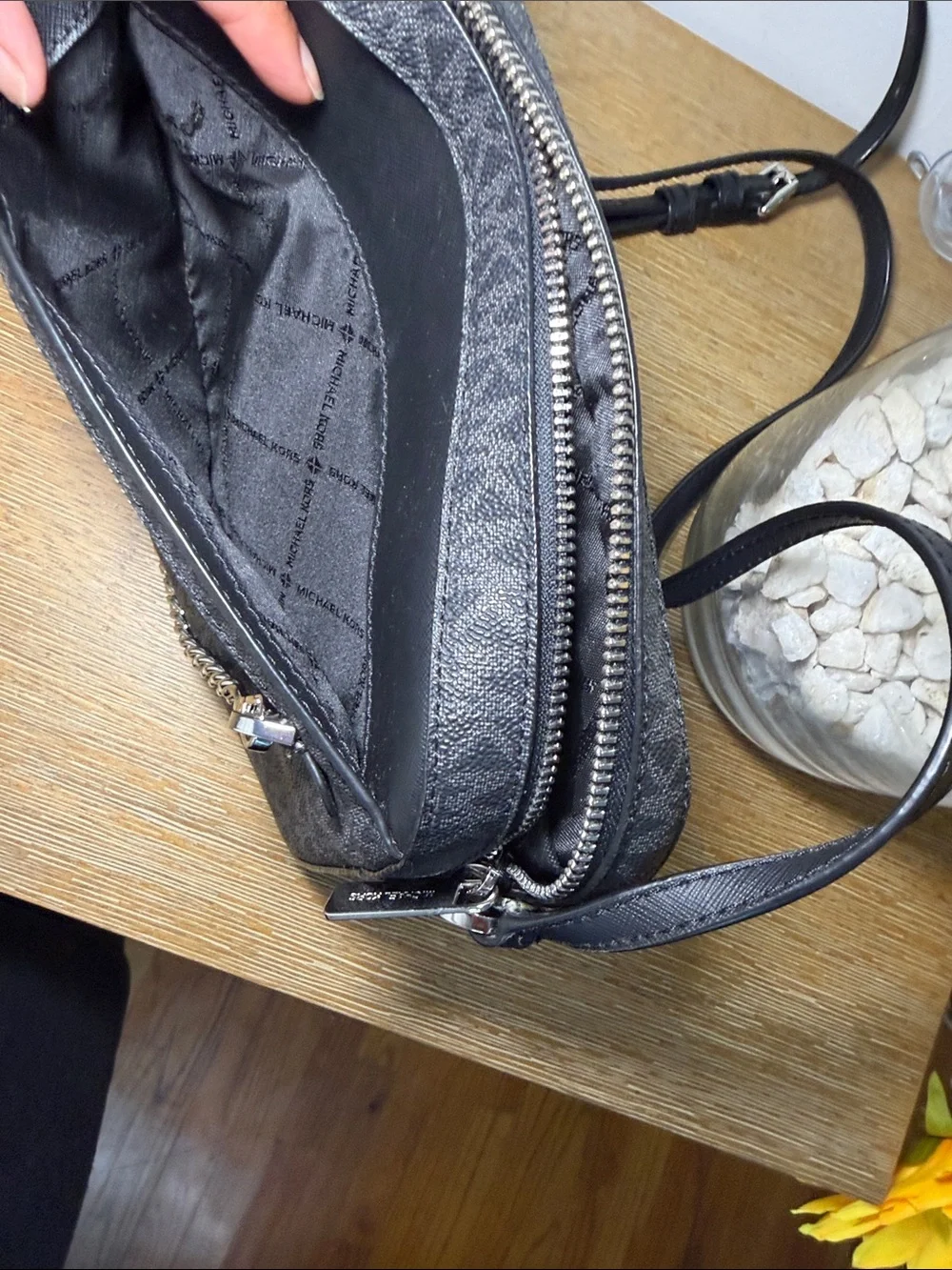 Michael Kors Black Signature Monogram Crossbody Bag with Silver Chain